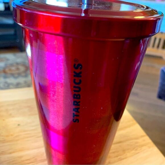 Starbucks Holiday 2014 Stainless Steel Tumblr Water Bottle Ruby Red Pink Stripe - Picture 1 of 5